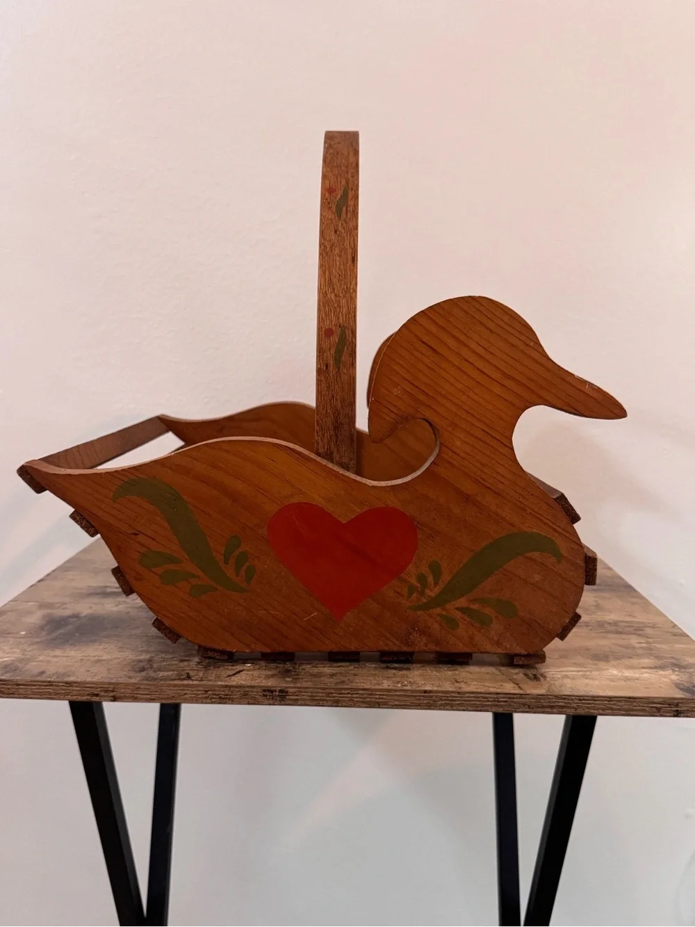 Vintage Wooden Folk Art Duck Basket Carrier | Rustic Farmhouse Decor